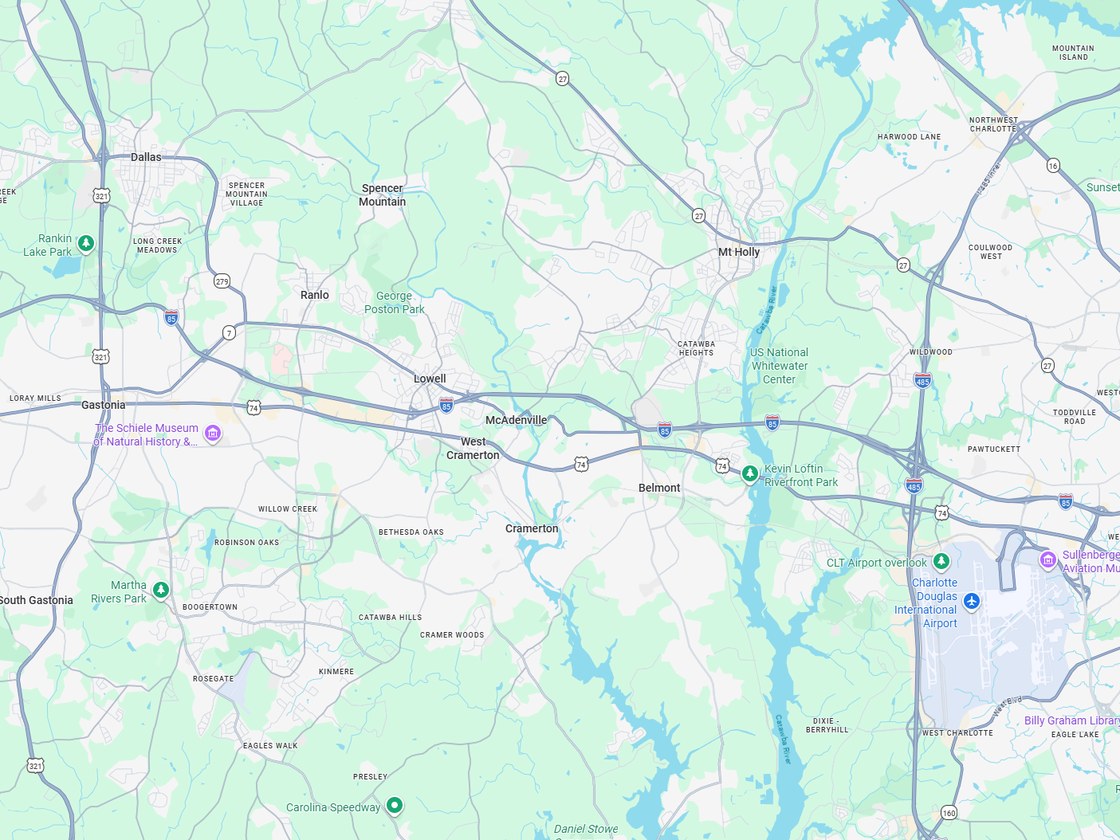 Map showing Neighbors Heating and Air service area across Gaston County, NC