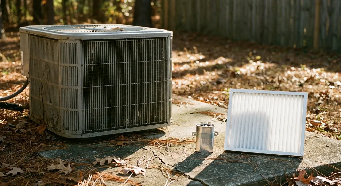 Air conditioner repair cost still life with a condenser, run capacitor, and HVAC filter on a concrete pad