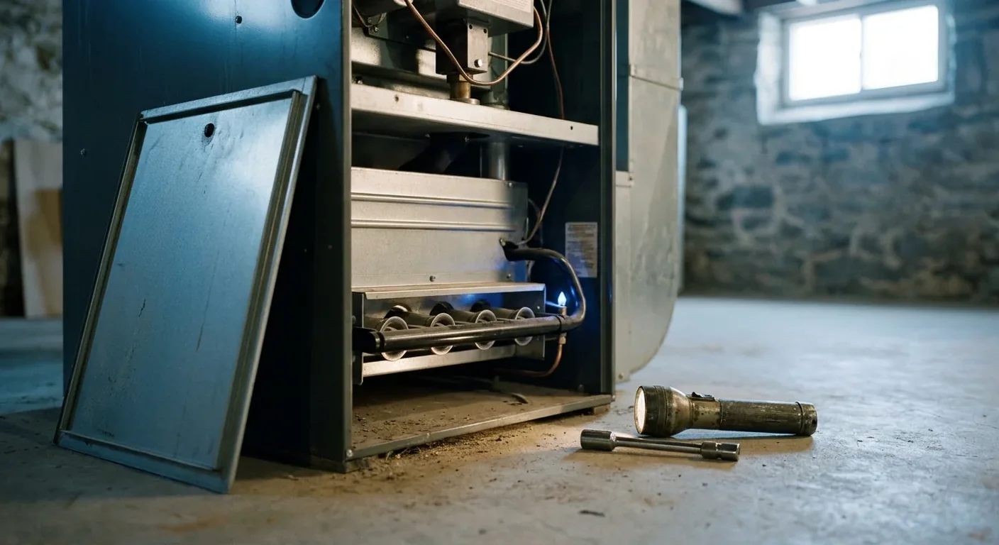A residential gas furnace with its inspection door removed, showing the burner row and heat exchanger, ready for a fall heating check