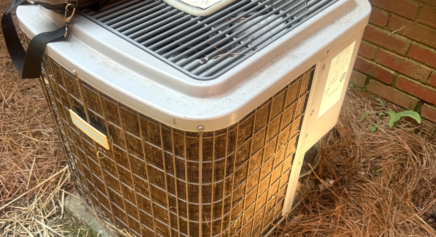 An aging outdoor air conditioner condenser with pine straw packed into its coil fins, the kind of thing an HVAC maintenance plan visit finds