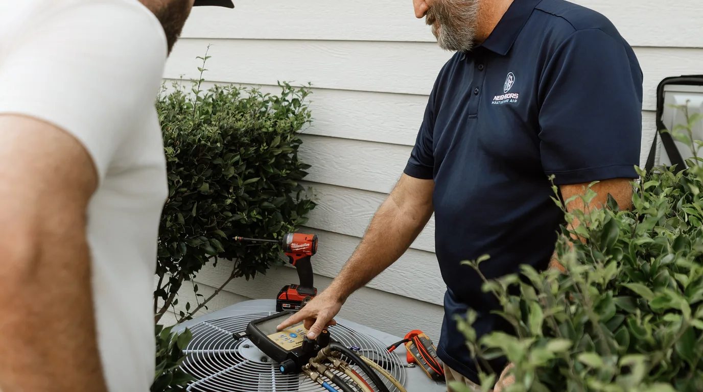 Neighbors Heating and Air technician JR showing a homeowner gauge readings on their AC unit