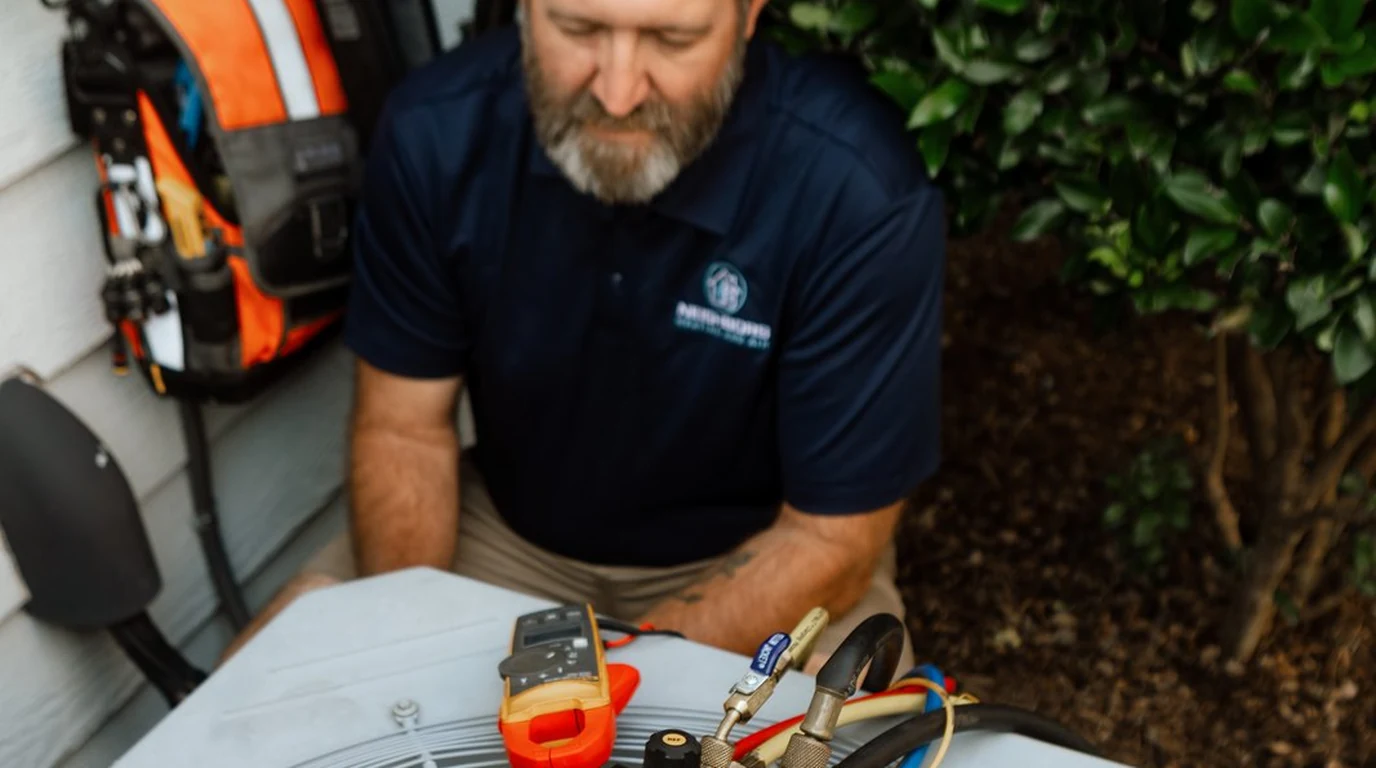 Neighbors Heating and Air technician adjusting a smart thermostat inside a Gaston County home